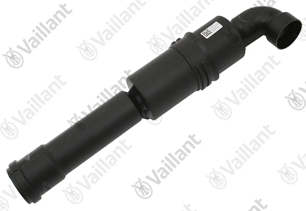 Vaillant Schalldämpfer in schwarzer Farbe mit einem gebogenen Anschluss und einem geraden Ende, geeignet für die Geräuschdämpfung in Heizsystemen.